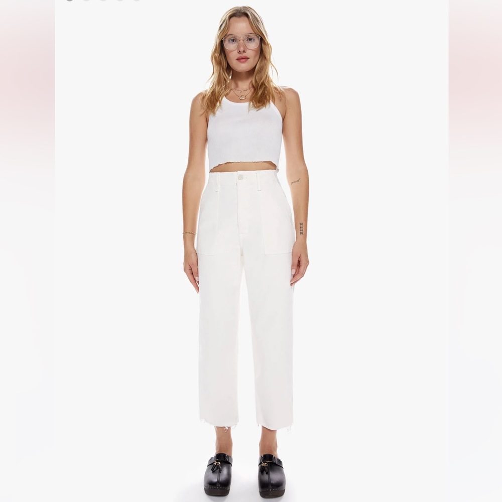 Mother Patch Pocket Private Ankle Fray White Denim Jeans, 28
